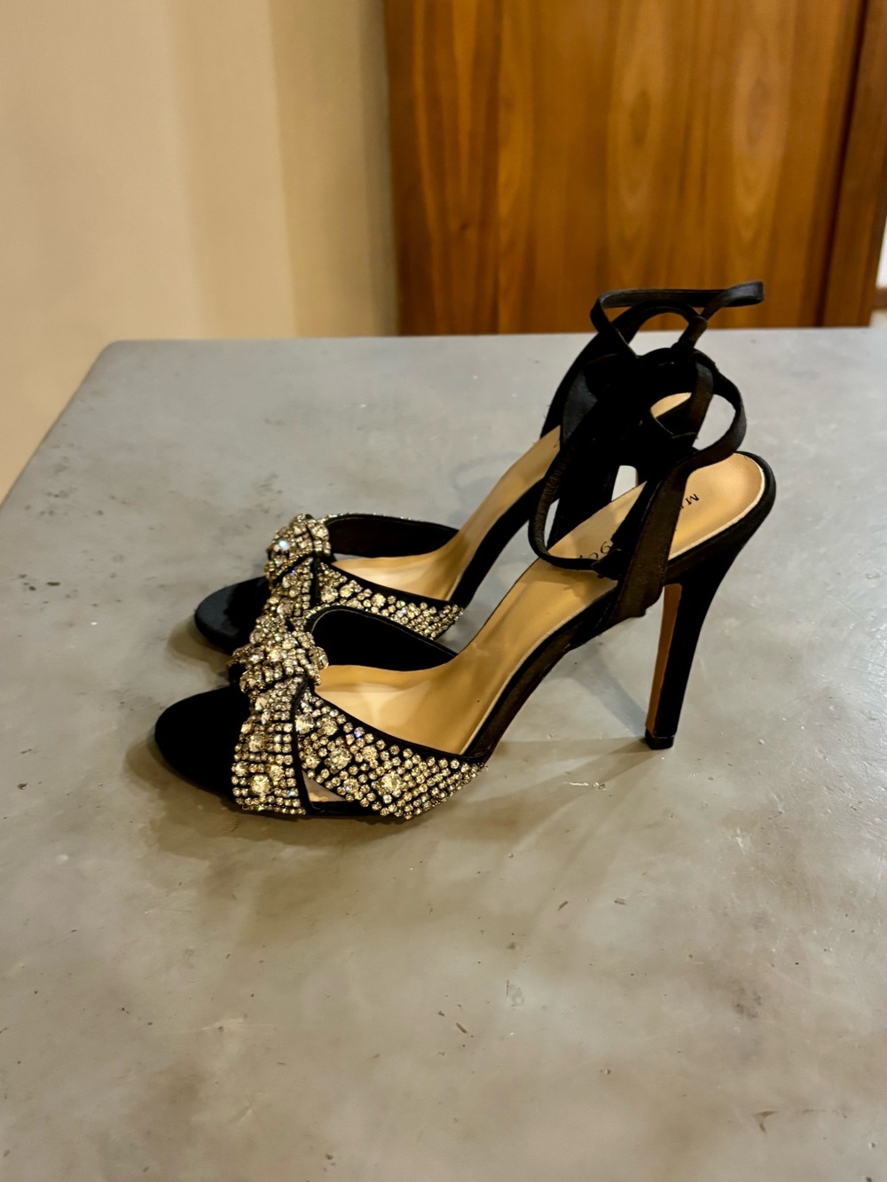 Menbur Black Crystal Knot Ankle-Tie Stiletto Sandals